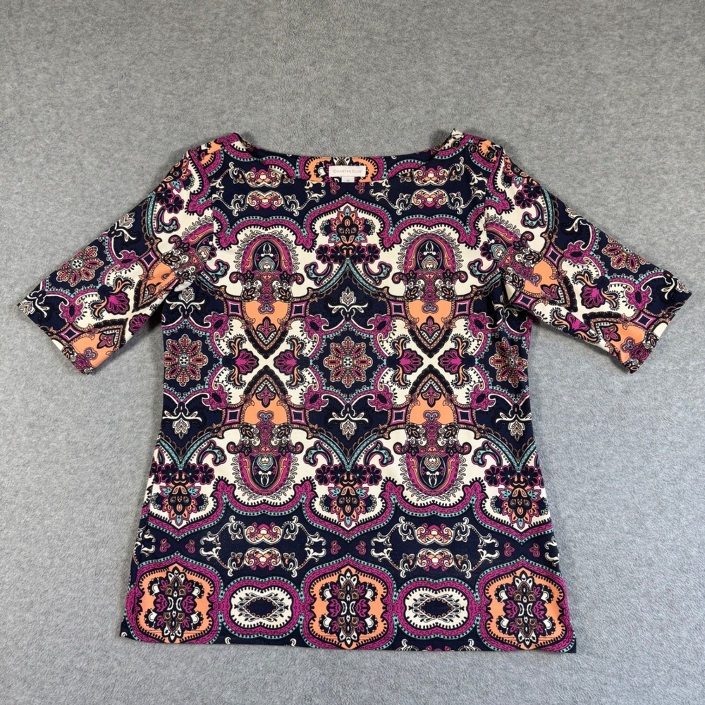 Charter Club Womens Paisley Boat Neck Top Navy Magenta Orange Gold Button Medium